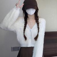 Cardigan court duveteux tendance 2026 pour femme, col en V, boutons, manches longues, style preppy, pulls confortables automne-hiver, manteaux cardigan