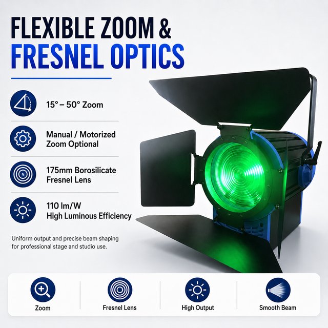300W High CRI LED Spotlight Stage Fresnel Light 2700K-10000K Studio Film Theater Lighting DMX RDM