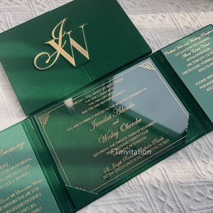Conjunto de Convites de Casamento Luxuoso em Veludo Verde Esmeralda com Capa Dura, Cartão de Acrílico Transparente com Folha Dourada, Papel Estiloso Feito à Mão de 2mm/3mm de Espessura - Product Image 2