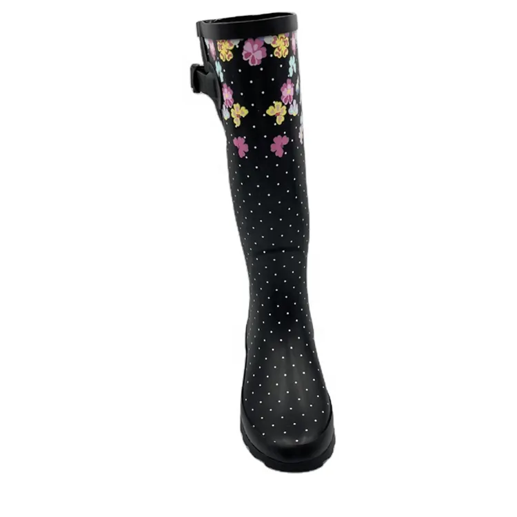 Trendy Best Floral Pattern Calf Widen Black Rubber Waterproof Wellies Rain Boots For Women Rubber