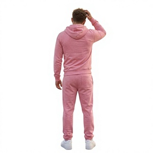 Conjunto de sudadera con capucha y cremallera rosa para hombre, corte regular, chándal informal liso con bolsillos - Product Image 3