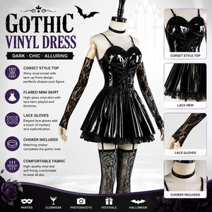 Robe mini corset noire en cuir verni pour <span class=keywords><strong>femme</strong></span>, bretelles spaghetti, garniture en dentelle gothique, jupe évasée, <span class=keywords><strong>costume</strong></span> de fête d'Halloween, <span class=keywords><strong>cosplay</strong></span>, club - Product Image 1