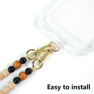 Custom Name Designer Phone Case Wood Beads Necklace Wood Beads Strap Lanyards For Iphone And Samsung