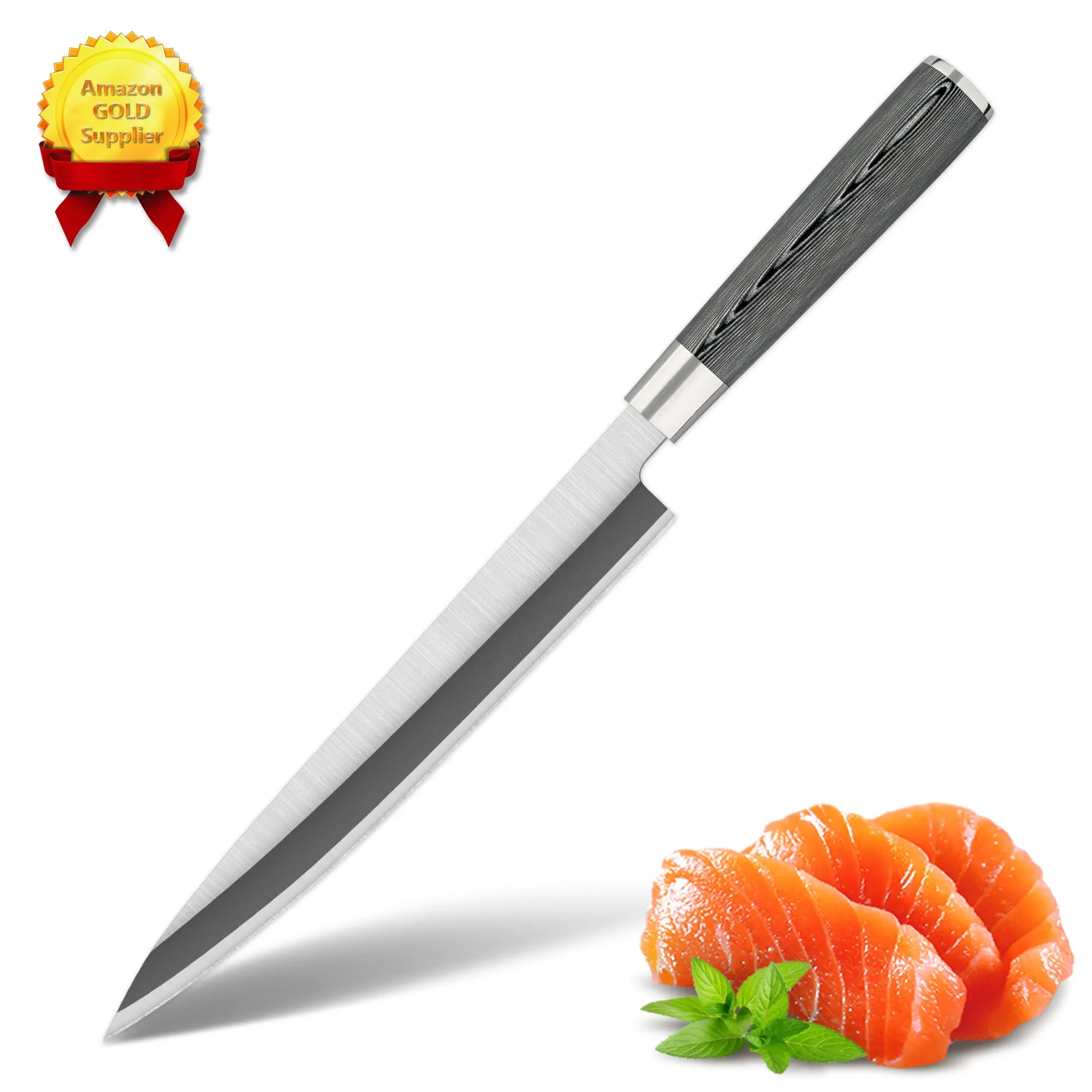 주문 로고 9 인치 왼손 cuchillo de 초밥 yanagiba 회색 G10 손잡이를 가진 고품질 sashimi 칼 떨어져 10%
