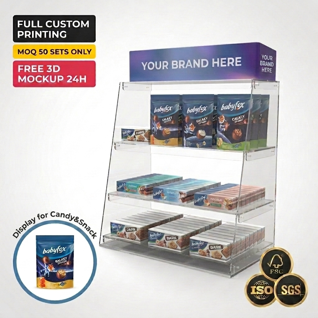 Custom Acrylic Countertop Snack Display Rack Stand Organizer Holder for Retail Store Candy Chocolate Chip Cookie Food Retail — view 1