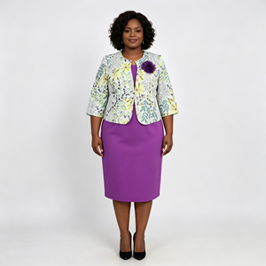 Ensemble deux pièces formel pour femmes grandes tailles, veste à appliques florales peintes avec robe longue jusqu'aux genoux, élégant costume d'automne pour l'église - Product Image 6