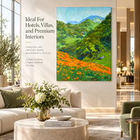 Peinture sur toile peinte à la main, champ de fleurs sauvages orange, collines vertes, montagnes bleues, décoration murale pour salon