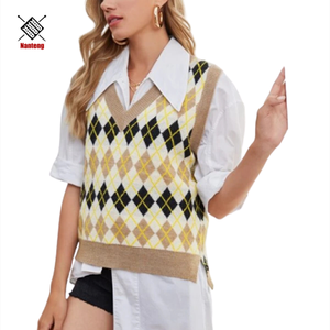 Wholesale High Quality Custom Cotton V Neck Sleeveless Knitted Women <strong>Argyle</strong> Vest <strong>Sweater</strong> - Product Image 1