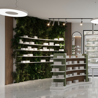 Design d'intérieur de pharmacie naturelle moderne Support double face avec peinture verte personnalisée Étagères de présentation perdues en bois
