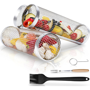 Ensemble d'accessoires Big Green Egg comprenant une fourchette, un crochet et une brosse à huile, paniers de cuisson roulants en acier inoxydable pour barbecue extérieur - Product Image 1
