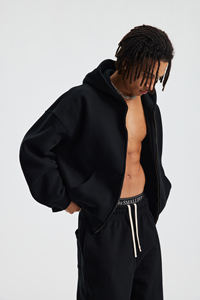 Custom boxy cropped Zip up Hooded <b>Cardigan</b> Unisex 370gsm Fleece Sweatshirt Drop Shoulder Loose <b>hoodie</b> for men puff printing - Product Image 3