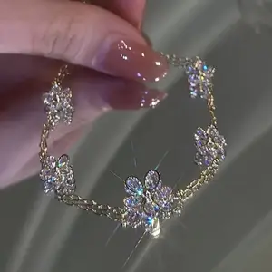 Luxury Fine Flashing Crystal Rhinestone Flower Charms Statement Bracelets For Women Iced Out Zircon Flower Bracelet Jewelry