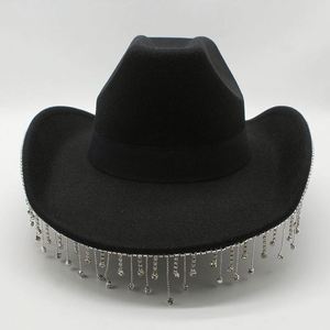 Festival Bling Rhinestone Fedora Hats Men Polyester Cotton Felt Cowboy Hats Wholesale - Product Image 1