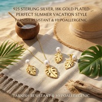 Ensemble de bijoux en argent sterling 925 plaqué or 18 carats avec pendentif feuille de Monstera en perle et zircon, collier et boucles d'oreilles tropicales pour femmes