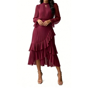 Robe midi plissée en mousseline pour femme, col montant, ourlet à volants, idéale pour les invitées de mariage et les soirées – Collection Mode - Product Image 1