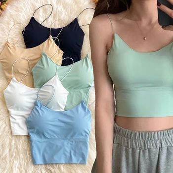 Womens Tops Sleeveless Spaghetti Strap Camisole Double Padded Push up Knitted Vest Breathable Soft Summer Ice Silk Tube Top Bra