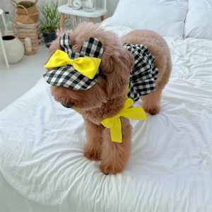 Robe camisole à carreaux pour animaux de compagnie avec bretelles à nœud papillon + Ensemble chapeau assorti – Vêtements mignons pour petits et moyens chiens et chats - Product Image 5