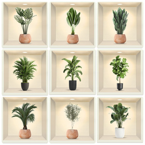 鉢植えの緑の花植物イラストステッカー PVC壁紙 リビングルーム装飾画 ウォールステッカー 風景壁紙 - Product Image 2