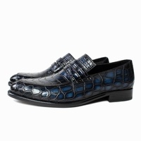 DRACONIS Mocassins sur mesure en cuir de crocodile bleu nuit, finition brillante, chaussures habillées pour homme pour banquet