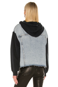 Hot Bán Phụ Nữ Của Denim Chắp Vá Áo Màu Đen Tương Phản Tay Áo Đau Khổ Hem Giản Dị Thời Trang Dạo Phố Trùm Đầu Áo Khoác - Product Image 3