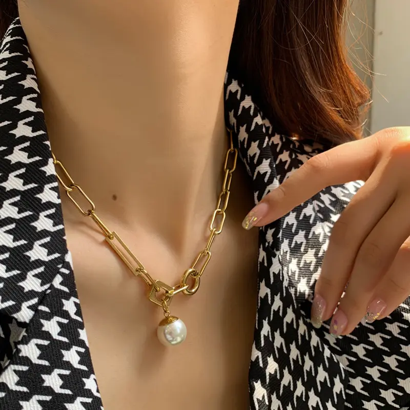 QIFEI unico francese grande collana di perle Hip Hop in acciaio inossidabile Link O catene collana Charms gioielli