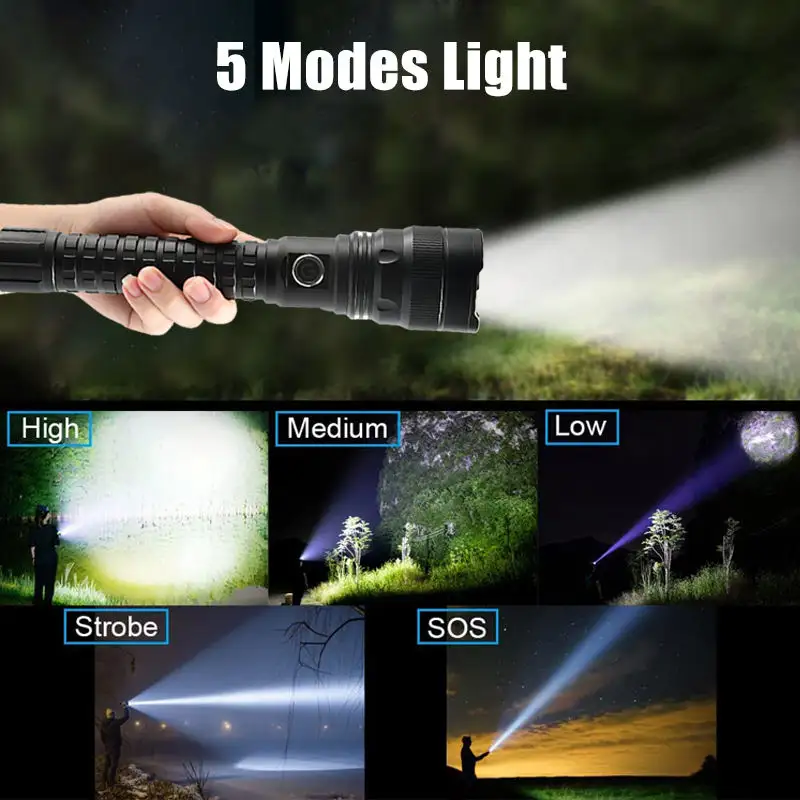 USB ánh sáng mạnh mẽ 10000 lumen công suất cao LED taschenlampe siêu sáng mạnh mẽ XHP70 ngọn đuốc 5000 Lumens Đèn pin có thể sạc lại