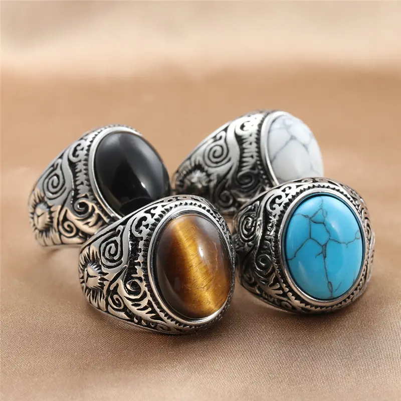 Высокое качество в винтажном стиле, классические ручной работы Титан Синий Камень Viking бирюзовые кольца для мужчин из нержавеющей стали