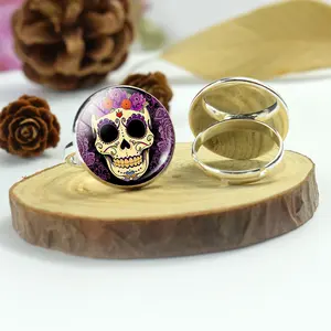 Anel de prata cabochão de vidro artesanal para mulheres, joia fofa para o dia dos mortos, acessório de arte mexicana, joia com caveira de açúcar