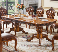 Ensemble table à manger et 8 chaises en bois massif et cuir, style français européen, antique, avec sculptures occidentales, design rectangulaire pour villa et cuisine