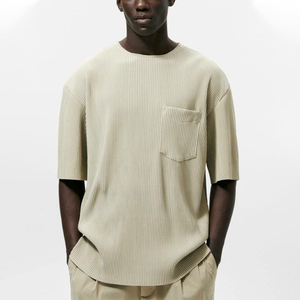 宽松高领奢华落肩厚重纯色T恤260克纯棉短款定制棉质华夫格T恤男式 - Product Image 3