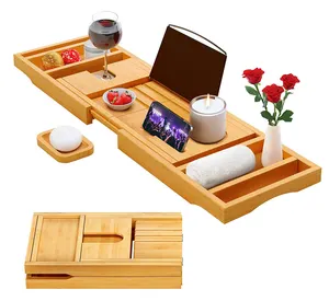 Bamboo Bath Tub Tray Table Bathtub Caddy Tray Foldable Bathtub Tray With Extending Side
