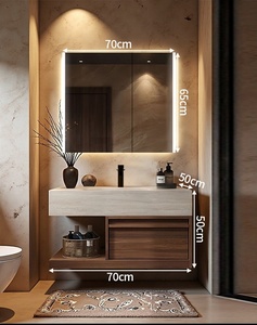 Meuble-lavabo de salle de bain contemporain avec vasque - Meuble de salle de bain en bois foncé avec éclairage LED et paniers en osier amovibles - Product Image 3