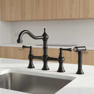 Robinet de cuisine au design moderne en alliage de zinc, à poser sur comptoir, 3 trous, finition noircie, avec douchette latérale, style contemporain - Product Image 2