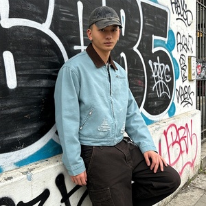 Gökkuşağı Desenli Erkek Ceketleri Fabrika Sokak Stili Yıkanmış Kısa İş Ceketi Erkekler İçin Eskitme Görünümlü Fermuarlı Düşük Yaka Retro Ceketler - Product Image 2