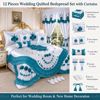 Ensemble de literie de luxe 12 pièces matelassé pour mariage avec rideaux, oreillers décoratifs, pantoufles – Ensemble complet de chambre nuptiale en gros