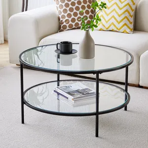 New Design Living Room Furniture Coffee Shop Fashion Glass Modern Round Coffee Table With Metal Base and storage shelf