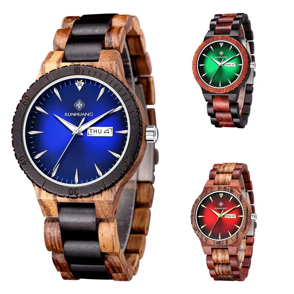 Dual calendar time aurora dial luminous pointer quartz wooden watch for men and women