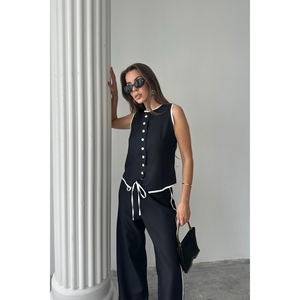 Conjunto de chaleco y pantalón de lino con bordes ribeteados en negro, traje de mujer, talla S - Product Image 3