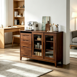 Modern Solid Wood Storage Cabinet with Glass Doors 3 Shelves Midcentury Design for Living Room Home Furniture - Product Image 1