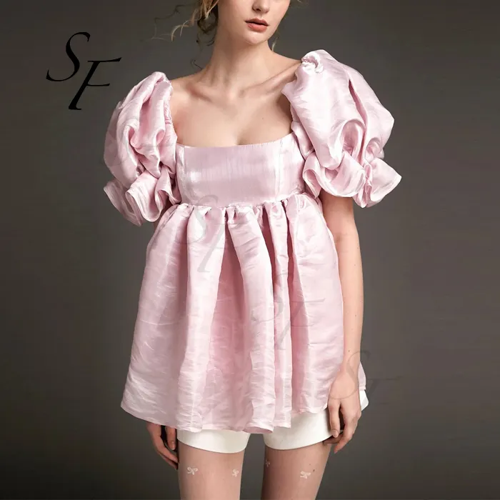 Yıldız moda toptan özel yaz tatlı ve sevimli katı renk puf kollu organze Babydoll Mini elbise