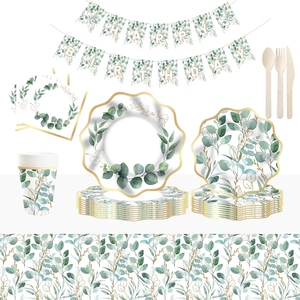 ชุดจานชามลายใบยูคาลิปตัสสีเขียวทอง DAMAI Sage Greenery สำหรับงานเลี้ยงวันเกิด จานกระดาษแบบใช้แล้วทิ้ง ผ้าเช็ดปาก - Product Image 1