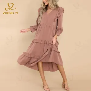 2024 कस्टम गिरावट गर्मियों की महिलाओं ने कपड़े ब्रांड के लिए लंबी आस्तीन वाली रूफले हेले ठोस रंग मिडी कैजुअल महिला पोशाक निर्माता