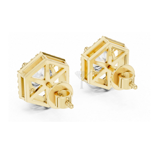 Boucles d'oreilles hexagonales inspirées de l'Art Déco avec halo de diamants ronds, dotées de fermoirs à vis sécurisés, bijoux fins élégants et minimalistes, parfaits - Product Image 2
