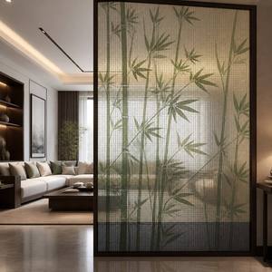 Biombo de Vidrio Artístico con Diseño de Bambú Verde, Textura de Malla Fina, Translúcido, Decorativo, para Privacidad en Sala de Estar o Dormitorio - Product Image 2