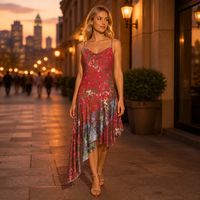 Vestido de Verano Personalizado Estilo Vintage con Cintura Imperio, Escote Corazón, Tirantes Finos, Chifón, Estampado Floral Digital y Volantes con Borlas