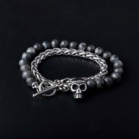 Pulsera con dije de calavera de piedra de lava para hombre, de acero inoxidable, con cadena de trigo y cierre de palanca, estilo gótico, motero, joyería oscura, regalo, venta al por mayor