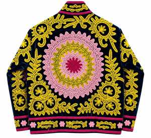 <b>Women's</b> Navy Blue <b>Velvet</b> Embroidered Bomber Jacket Pink V-neck Long Sleeve Cotton Lining Breathable Quick Dry Winter Fashion B2B - Product Image 3