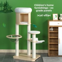 Arbre à chat en bois massif, style campagnard, avec structure d'escalade, nid et capsule spatiale intégrée, design peu encombrant, en carton