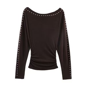 Camiseta de Manga Larga con Hombros Descubiertos y Corte Recto para Mujer, con Tachuelas, Ajustada, Nueva Llegada - Product Image 3
