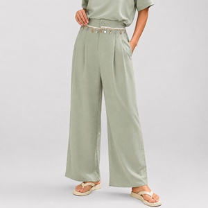 Pantalones de Traje de Pierna Ancha <span class=keywords><strong>Verde</strong></span> Salvia para Mujer, de Cintura Alta con Lentejuelas, Plisados y Drapeados, Pantalón de Oficina, <span class=keywords><strong>Pantalon</strong></span> Tailleur Femme - Product Image 3
